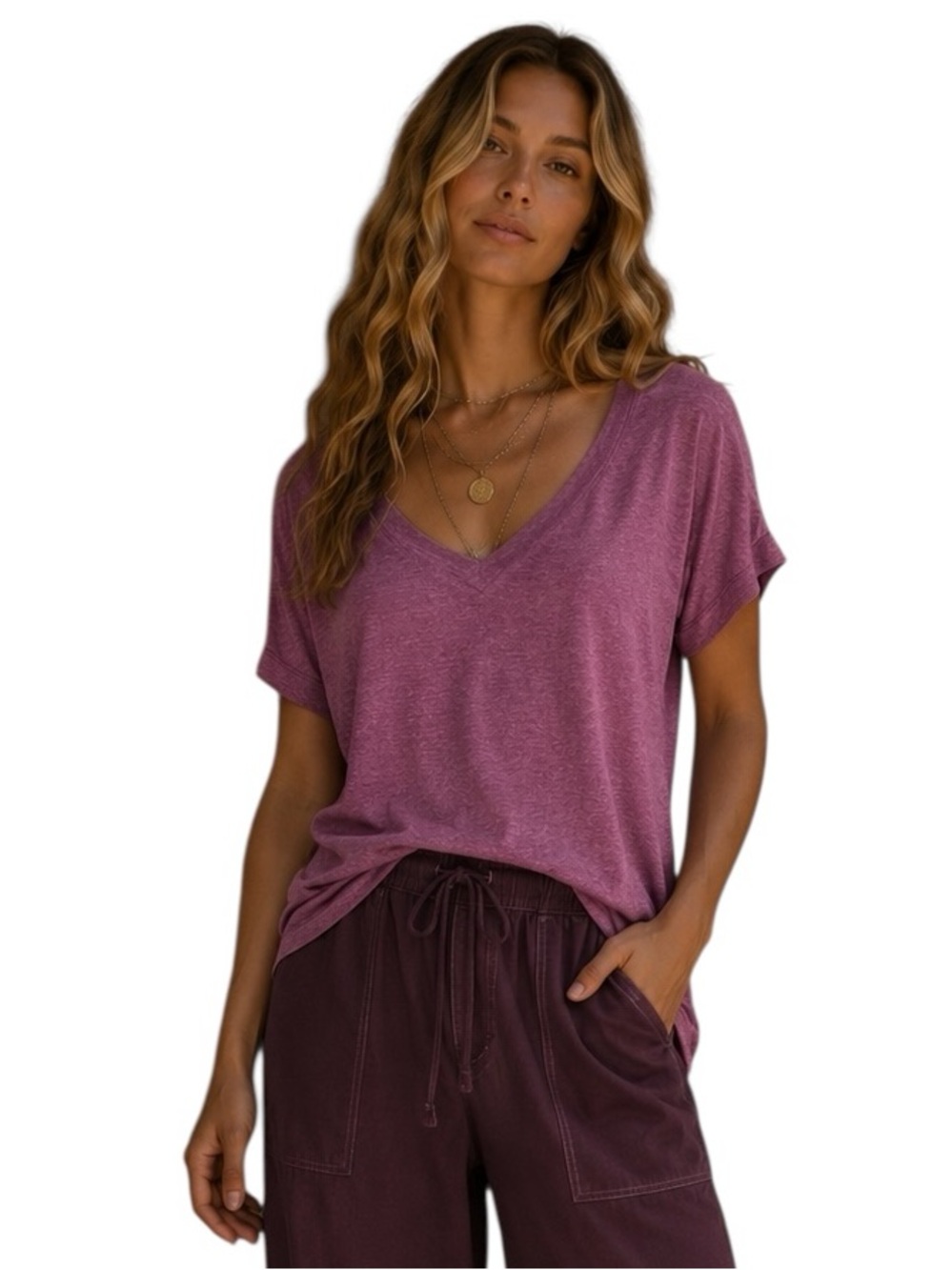 WIHOL Purple Heathered Sweetheart Neckline Short Sleeve Top
